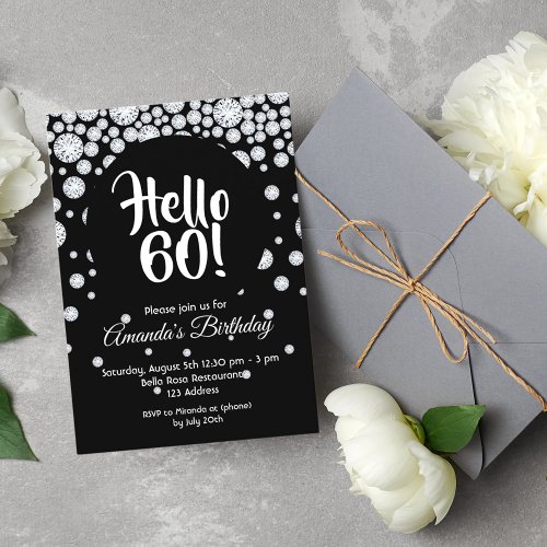 60th birthday party black white diamonds hello 60 invitation
