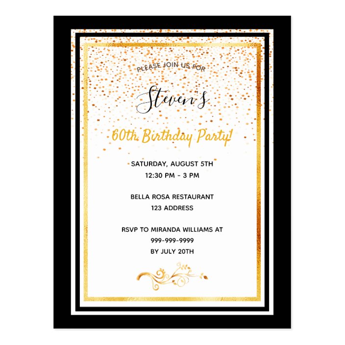 60th birthday party black white gold invitation postcard | Zazzle.com