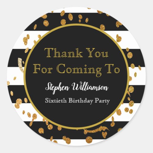 60th Birthday Party Black White Gold Thank You Classic Round Sticker