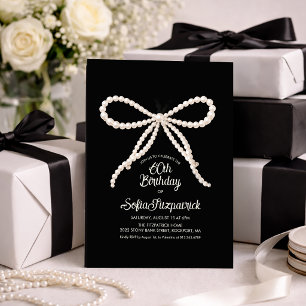 60th Birthday Party Black White Pearl Bow Invitation