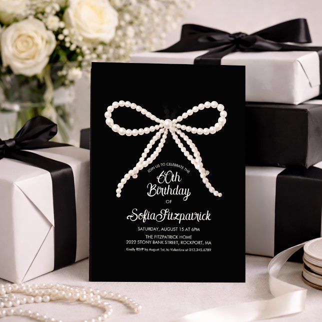 60th Birthday Party Black White Pearl Bow Invitation (Creator Uploaded)