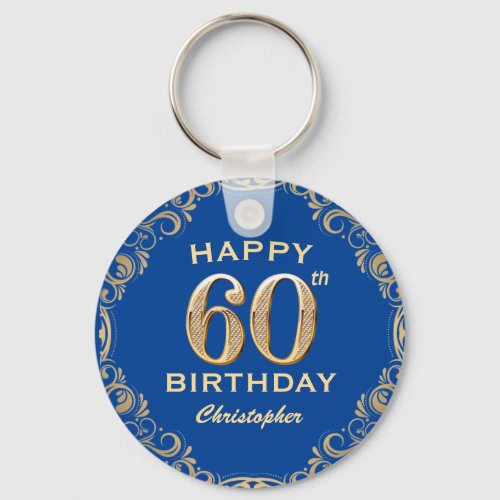 60th Birthday Party Blue and Gold Glitter Frame Keychain