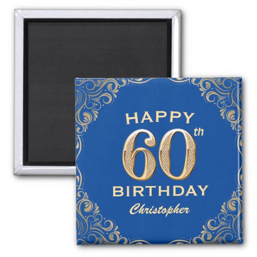 60th Birthday Party Blue and Gold Glitter Frame Magnet