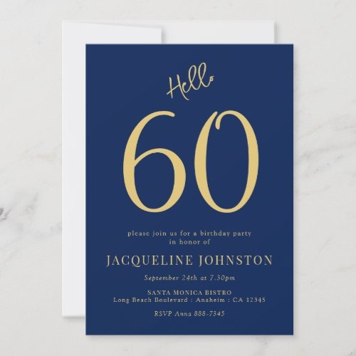 60th Birthday Party Blue And Gold Hello 60 Invitation
