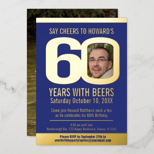 60th Birthday party blue gold foil photo beer Foil Invitation