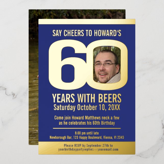 60th Birthday party blue gold foil photo beer Foil Invitation (Front/Back)