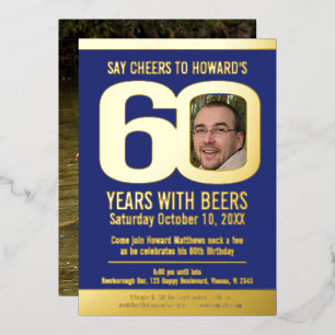 60th Birthday party blue gold foil photo beer Invitation