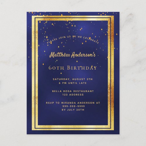 60th birthday party blue gold shiny invitation postcard