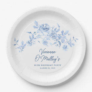 60th Birthday Party Blue Rose Floral Custom Paper Plates
