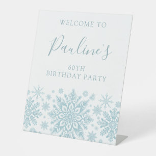 60th Birthday Party Blue White Snowflake Welcome Pedestal Sign