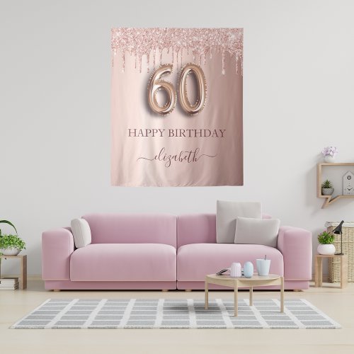 60th birthday party blush pink rose gold glitter tapestry