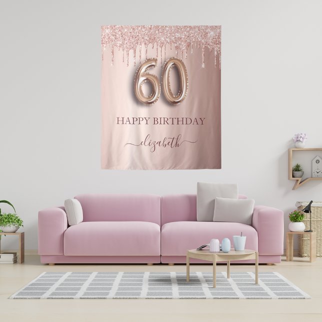 60th birthday party blush pink rose gold glitter tapestry (Creator Uploaded)