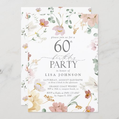 60th Birthday Party Blush Pink Watercolor Flowers Invitation