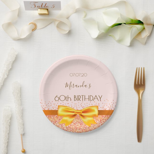 60th birthday party blush rose gold bow name paper plates (Wedding)