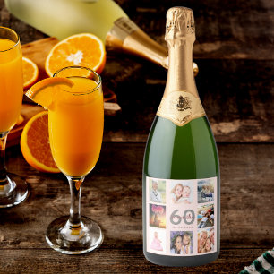 60th birthday party blush rose gold photo collage sparkling wine label