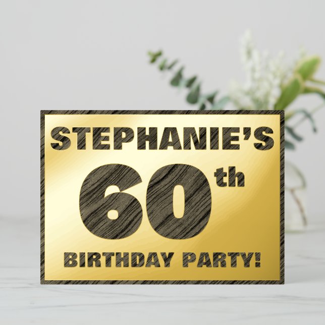 60th Birthday Party — Bold, Faux Wood Grain Text Foil Invitation (Standing Front)