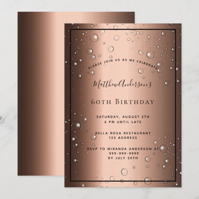 60th Birthday Party bronze brown black bubbles Invitation (Front/Back)