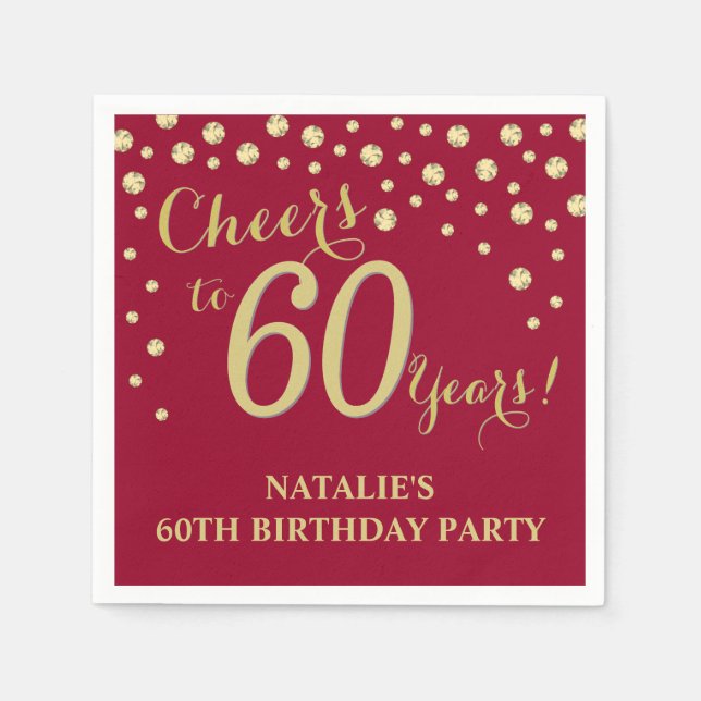 60th Birthday Party Burgundy Red and Gold Diamond Napkins (Front)