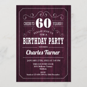 60th Birthday Party - Burgundy Wood Pattern Invitation