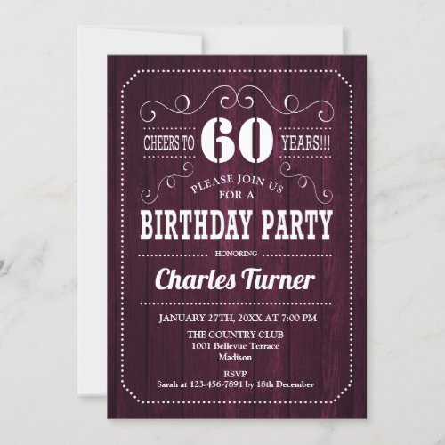 60th Birthday Party _ Burgundy Wood Pattern Invitation