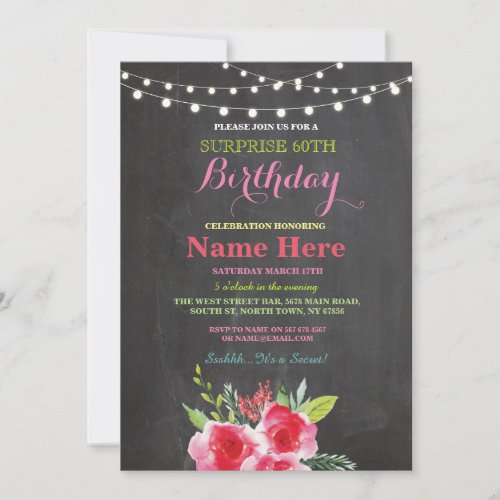 60th Birthday Party Chalkboard Floral Pink Invite
