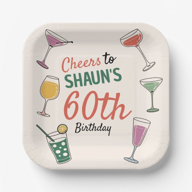 60th birthday party cocktail night Paper Napkin Paper Plates (Front)