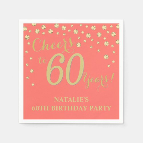 60th Birthday Party Coral and Gold Diamond Napkins