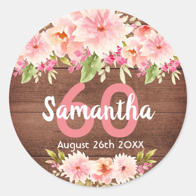 60th birthday party coral dahlia flowers brown classic round sticker (Front)
