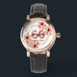 60th birthday party coral gold dahlia flowers watch<br><div class="desc">A trendy watch for a 60th birthday gift. With a faux gold hexagon geometrical shaped frame. Decorated with watercolored dahlia flowers in pink,  cream and coral. White background. Templates for a name,  age 60 and a date. Date of birth or date of the party. Burgundy and coral colored letters.</div>