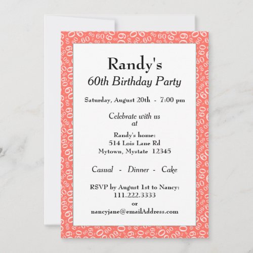 60th Birthday Party CoralWhite Number Pattern Invitation