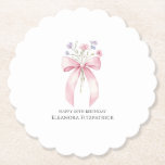 60th Birthday Party Custom Coaster Bow Wildflower<br><div class="desc">A pretty blush pink bow is decorated with dainty purple and pink wildflowers. The birthday celebrant's name and Happy Birthday follow. All text is editable.</div>