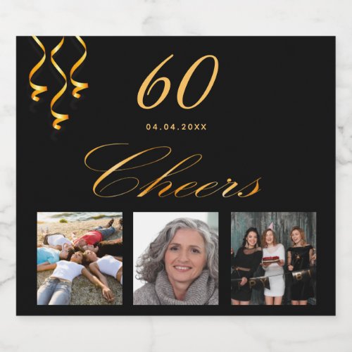60th birthday party custom photo black gold cheers sparkling wine label