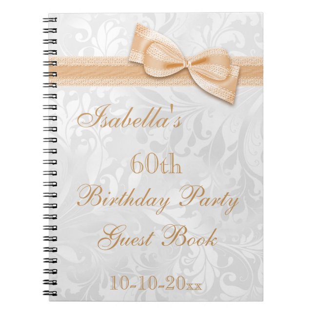 60th Birthday Party Damask and Bow Notebook (Front)