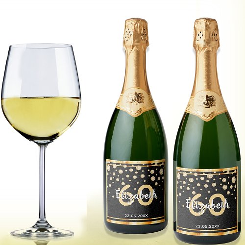 60th birthday party diamonds glitter black gold sparkling wine label
