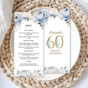 60th Birthday Party Dusty Blue Peony Gold Menu