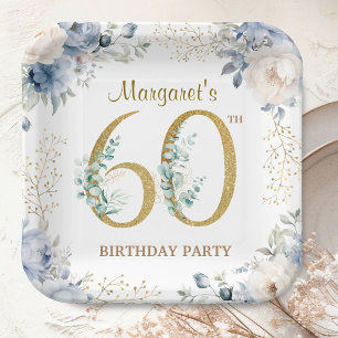 60th Birthday Party Dusty Blue Peony Gold Paper Plates