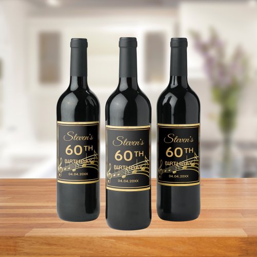 60th birthday party elegant black and gold music wine label