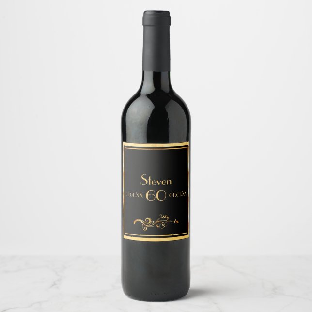 60th birthday party elegant black and gold wine label (Front)