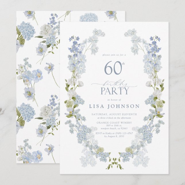 60th Birthday Party Elegant Dusty Blue Floral Invitation (Front/Back)