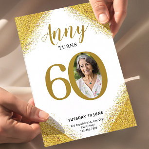 60th Birthday Party Elegant Gold Glitter Photo Invitation