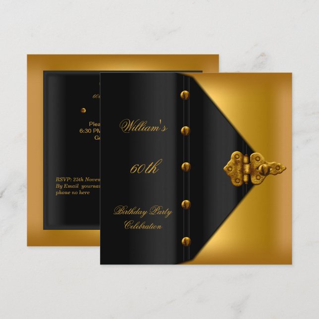 60th Birthday Party Elegant Mens Gold Black Mans Invitation (Front/Back)