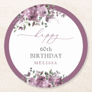60th Birthday Party Elegant Purple Roses Round Paper Coaster