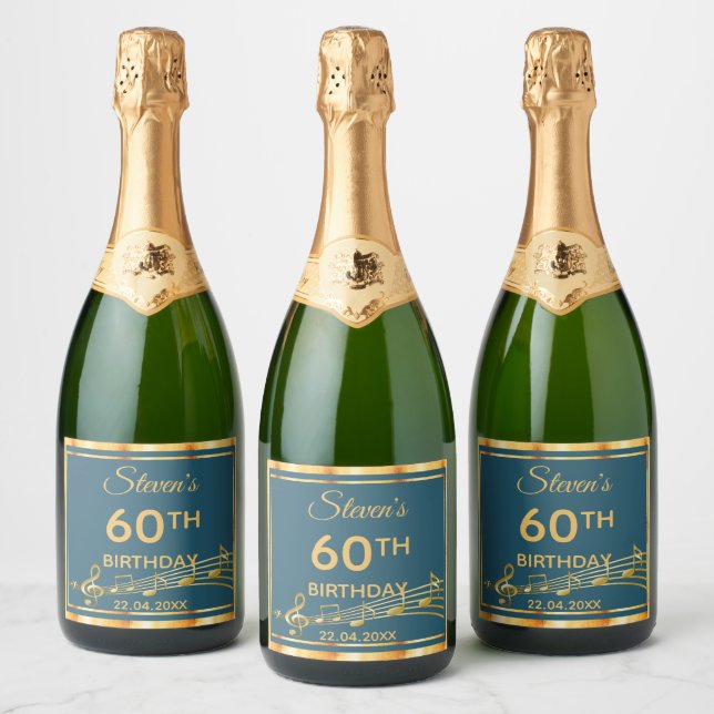 60th birthday party elegant teal and gold music sparkling wine label (Bottles)