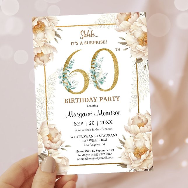 60th Birthday Party Elegant White Peony Floral Invitation (Creator Uploaded)