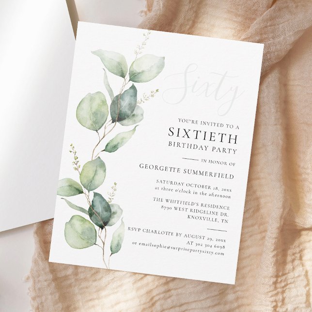 60th Birthday Party Eucalyptus Greenery Script Invitation (Watercolor Eucalyptus Greenery 60th Birthday Party Invitation)