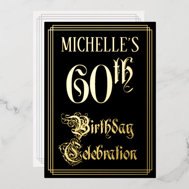 60th Birthday Party — Fancy Script & Custom Name Foil Invitation (Front/Back)