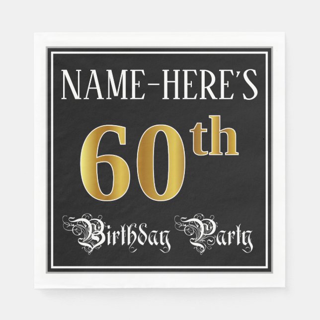 60th Birthday Party — Fancy Script, Faux Gold Look Napkins (Front)
