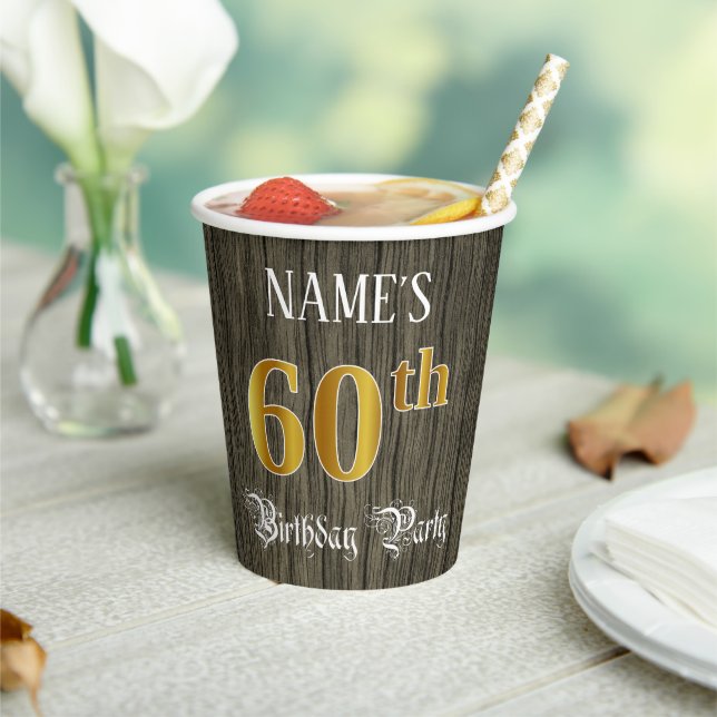 60th Birthday Party — Faux Gold & Faux Wood Looks Paper Cups (Insitu)