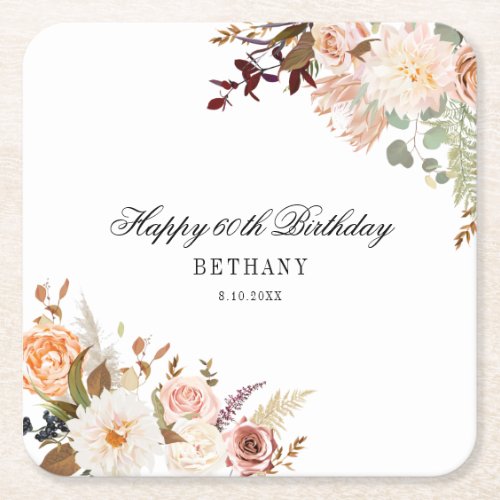 60th Birthday Party Favors Custom Floral Square Paper Coaster