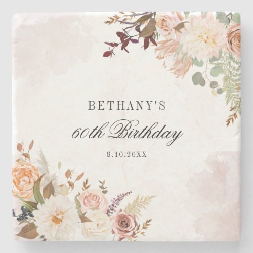 60th Birthday Party Favors Custom Floral Stone Coaster